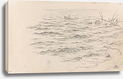 Постер Гуде Ханс Båt med figur og drivved ved kysten