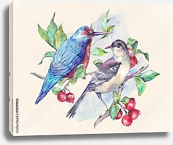 Постер Две птицы на ветке с красными ягодами