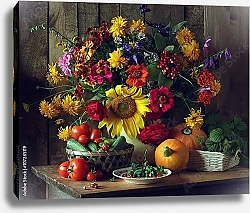 Постер Большой натюрморт с садовыми цветами и овощами