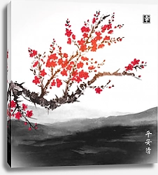 Постер Восточная сакура в цвету с далекими горами