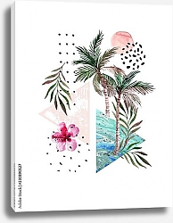 Постер Акварельные пальмы, листья, цветок гибискуса и мраморные треугольники