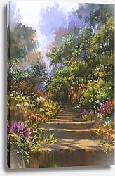 Постер Каменная лестница с яркими цветами