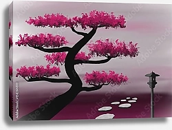 Постер Японский сад с деревом, камнями и фонарем