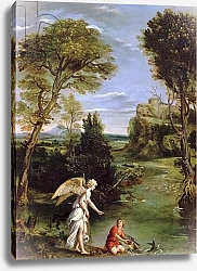 Постер Доменикино Landscape with Tobias laying hold of the Fish, c.1615