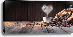 Постер Панорама с дымящейся чашкой кофе на деревянном полу