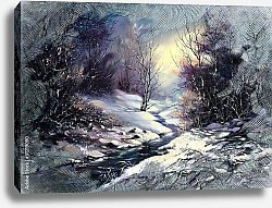 Постер Зимний пейзаж с ручьем в лесу