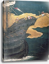 Постер Школа: Японская The Arrival of the Portuguese in Japan, detail of ship's prow, from a Namban Byobu screen, 1594-1618