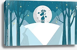Постер Северный олень в лесу под луной