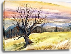 Постер Осенний пейзаж с деревом в горах на закате