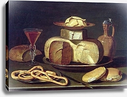Постер Бирт Осис Still Life with bread, cheese, wine and pretzels