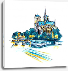 Постер Мрачный городской пейзаж с собором Нотр-Дам-де-Париж, Франция, эскиз