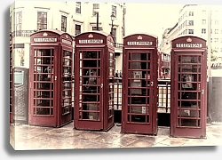 Постер Лондон, четыре красные телефонные будки, ретро фото