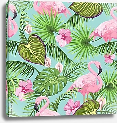 Постер Тропические листья, экзотические цветы и розовые фламинго