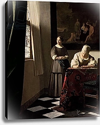 Постер Вермеер Ян (Jan Vermeer) Lady writing a letter with her Maid, c.1670