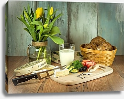 Постер Завтрак с сыром, овощами и молоком