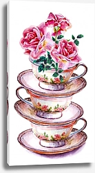 Постер Чашки чая и блюдца с цветами розы
