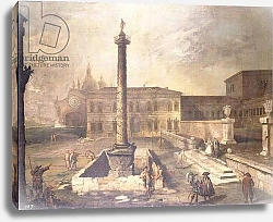 Постер Каналетто (Giovanni Antonio Canal) A Capriccio of a Piazza in front of a Palace with the Column of Marcus Aurelius,