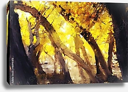 Постер Стволы деревьев в осеннем лесу