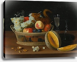 Постер Эс Якоб Still Life With A Basket Of Fruit And A Squirrel, Glasses, And A Cut Melon On A Tabletop