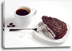 Постер Кусок шоколадного торта и кофе на белом столе