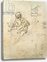 Постер Леонардо да Винчи (Leonardo da Vinci) Studies for a Virgin and Child and of Heads in Profile and Machines, c.1478-80