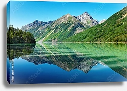 Постер Россия, Алтай. Лесистые горы с отражением в озере