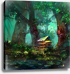 Постер Иллюстрация мультяшного дома в лесу у озера