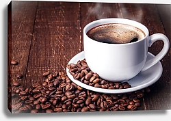 Постер Чашка кофе с зернами на деревянном столе