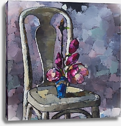 Постер Натюрморт с фиолетовыми цветами магнолии на стуле