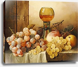 Постер Ладель Эдвард Grapes, apples, plums and a peach with hock glass on draped ledge