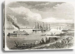 Постер Steamship and tug sailing down the Mississipi. Created by Berard after Reclus, published on Le Tour 