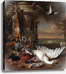 Постер Виникс Ян Hunting and Fruit Still Life next to a Garden Vase, with a Monkey, Dog and two Doves