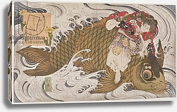 Постер Хоккей Тойота Oniwaka Mara overcoming a giant carp, Surimono diptych, scene from the life of hero Benkei, c.1830