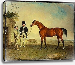 Постер Маршалл Бенджамин 'Skiff', a bay Racehorse held by a Groom on Newmarket Heath, with John Howe, the owner of the Stables, at his side, 1829