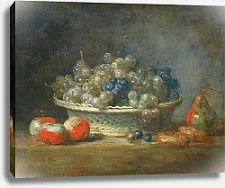 Постер Шарден Жан-Батист Still life: grape basket with three apples, a pear and two marzipans, 1764