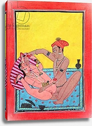Постер Школа: Индийская 18в Lovers in extravagantly open posture, not mentioned in the 'Kama Sutra', Mankot, Punjab, mid-18th century