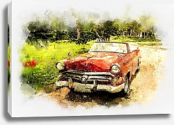 Постер Старый красный акварельный автомобиль