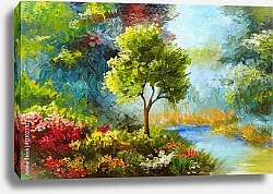 Постер Цветы и деревья у реки