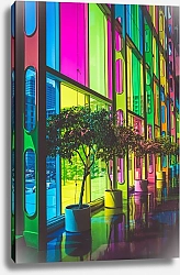 Постер Цветные стекла в коридоре с деревьями в кадках