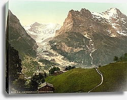 Постер Швейцария. Гриндельвальд, церковь и гора Эйгер