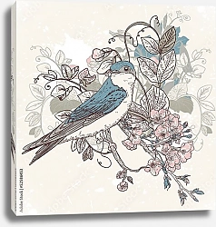 Постер Голубая птичка на цветущей ветке