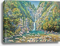 Постер Горный летний пейзаж с трехступенчатым водопадом Безымянный. Сочинский национальный парк