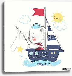 Постер Симпатичный медвежонок-морячок на корабле 