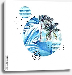 Постер Акварельная композиция с пальмами и волнами