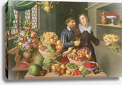 Постер Флегель Георг Man and Woman Before a Table Laid with Fruits and Vegetables