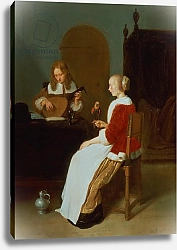 Постер Брекеленкам Квиринг An interior with a lute player and a woman holding a parrot