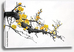 Постер Акварельная ветка цветущей сливы с желтыми цветами