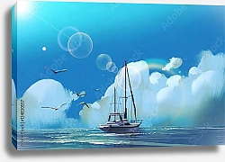 Постер Парусник в море под большими облаками