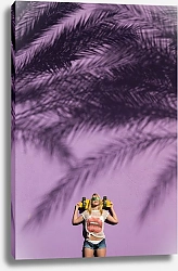 Постер Девушка со скейтбордом в тени пальмовых листьев