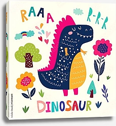 Постер Иллюстрация с забавным динозавром и цветком